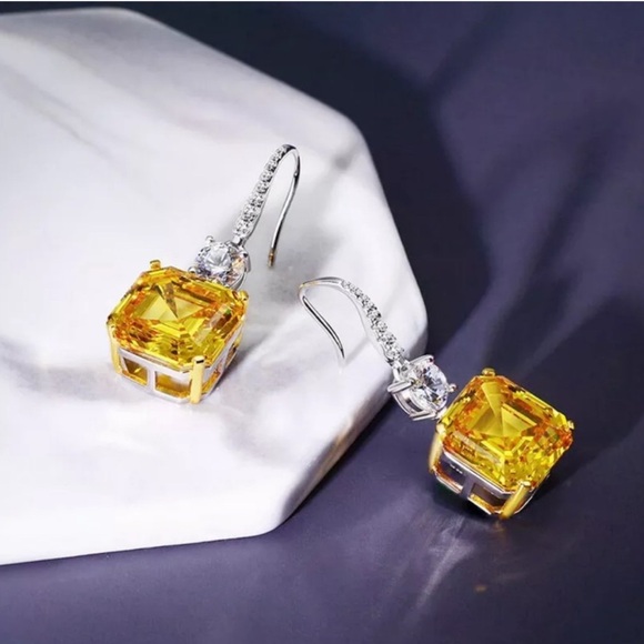 Silver Citrine Yellow Diamond Cubic Zirconia Dangle Earrings - Picture 4 of 6